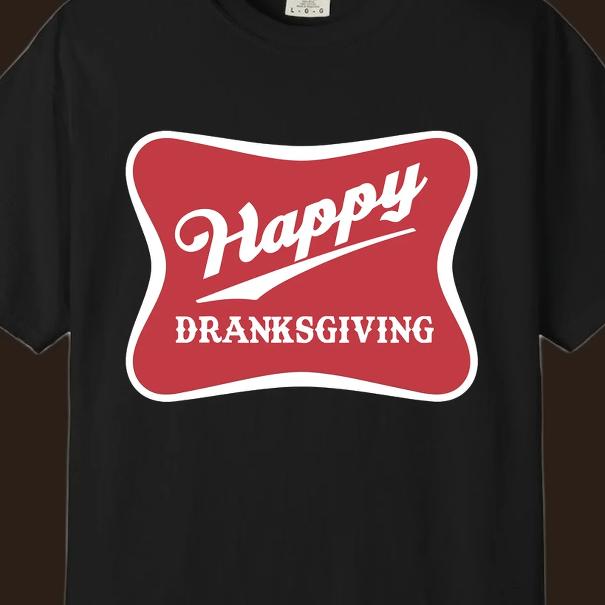 Happy Dranksgiving typography design on a red and white banner.