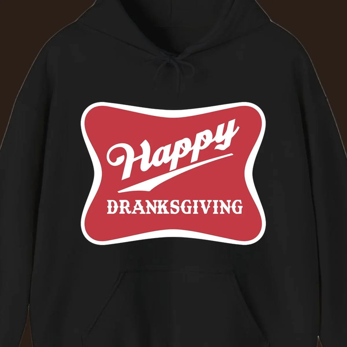 Happy Dranksgiving typography design on a red and white banner.