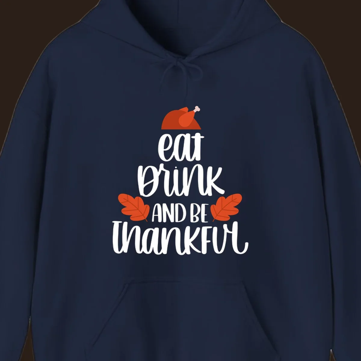 Eat Drink And Be Thankful Thanksgiving design with turkey and fall leaves. eat-drink-thankful.