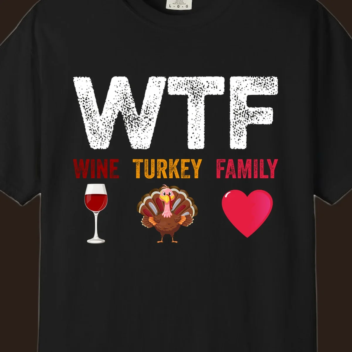 WTF Wine Turkey Family Thanksgiving design with wine glass, turkey, and heart. wtf-thanksgiving-wine.