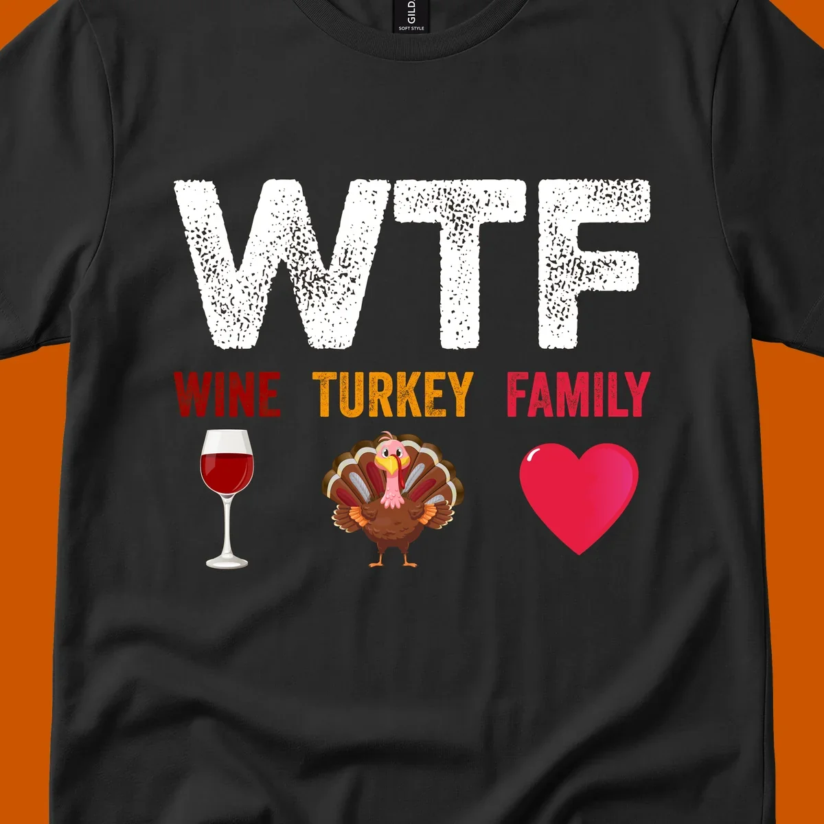WTF Wine Turkey Family Thanksgiving design with wine glass, turkey, and heart. wtf-thanksgiving-wine.