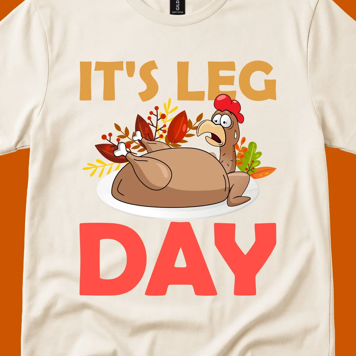 Humorous turkey leg day illustration with text, for Thanksgiving shirts.