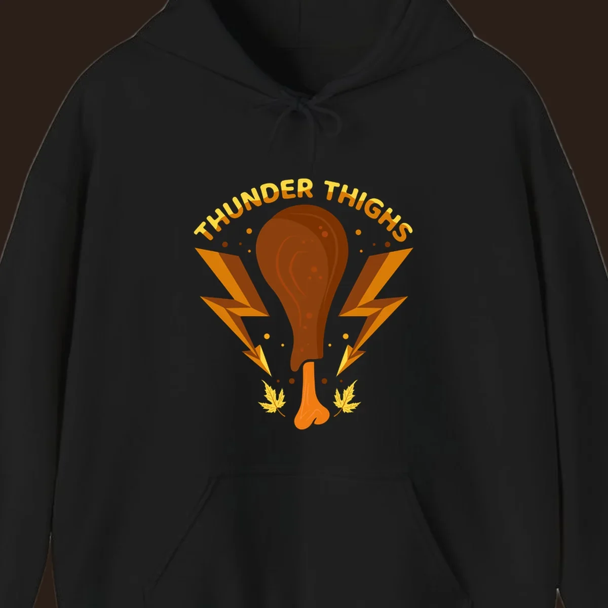 Thunder Thighs turkey leg graphic with lightning bolts and text, for Thanksgiving.