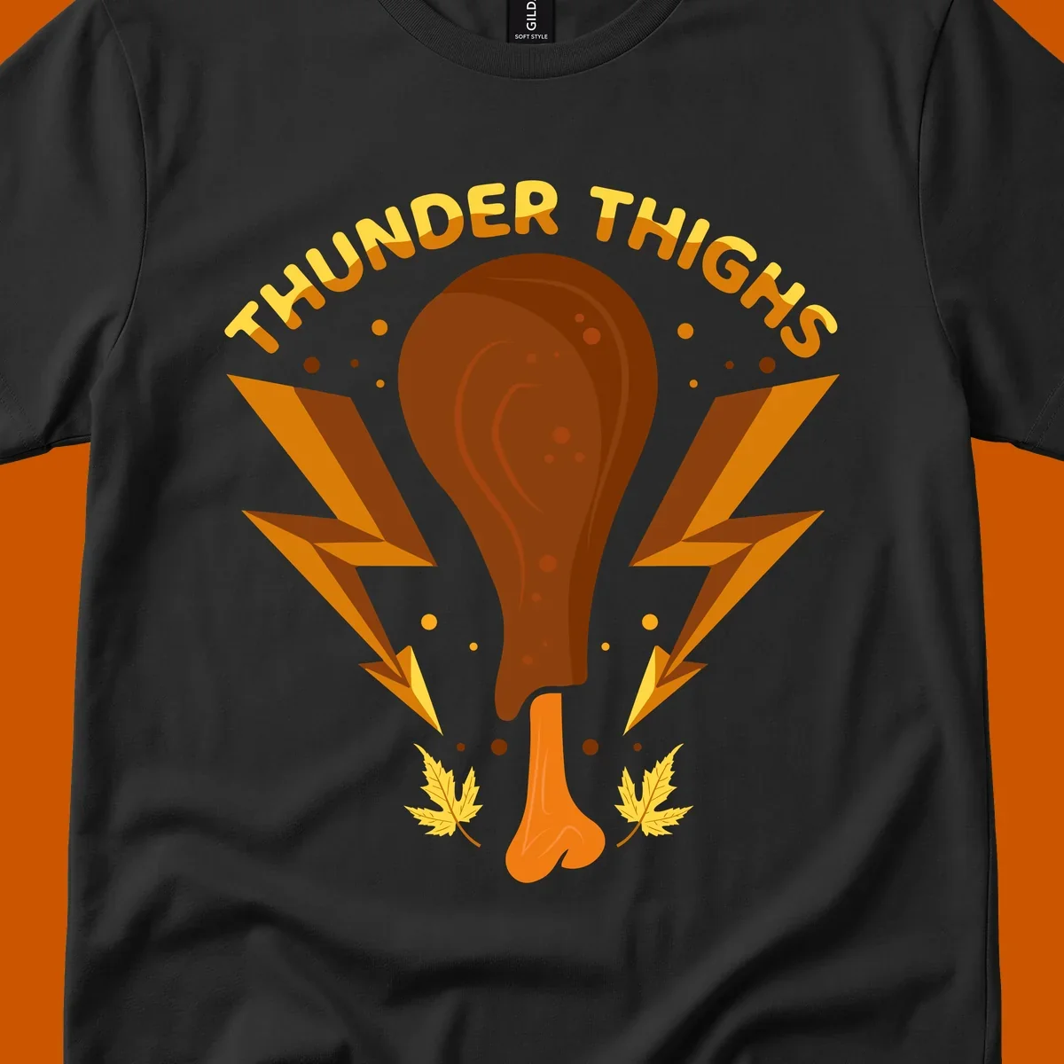 Thunder Thighs turkey leg graphic with lightning bolts and text, for Thanksgiving.