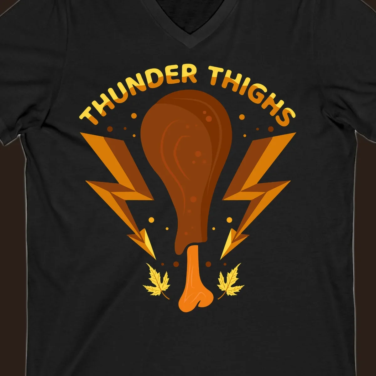 Thunder Thighs turkey leg graphic with lightning bolts and text, for Thanksgiving.