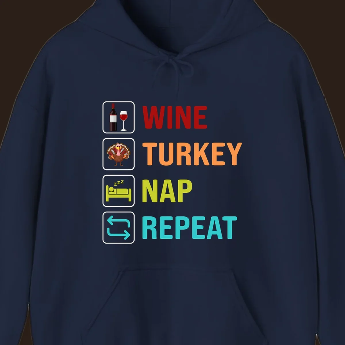 Thanksgiving wine turkey nap repeat list design with icons and text.
