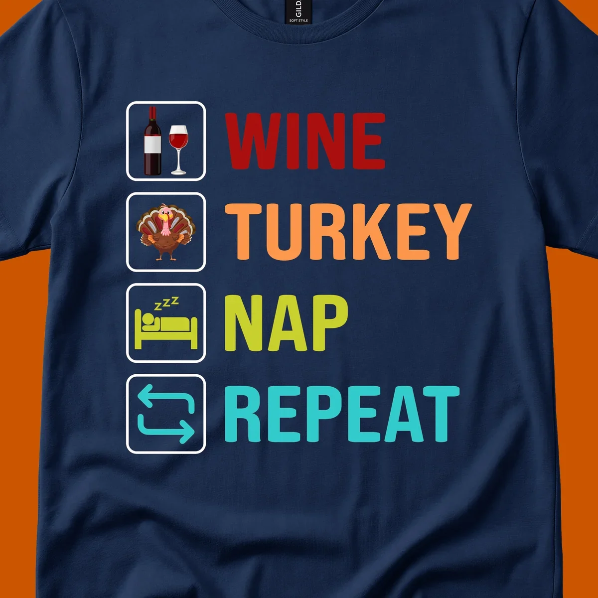 Thanksgiving wine turkey nap repeat list design with icons and text.