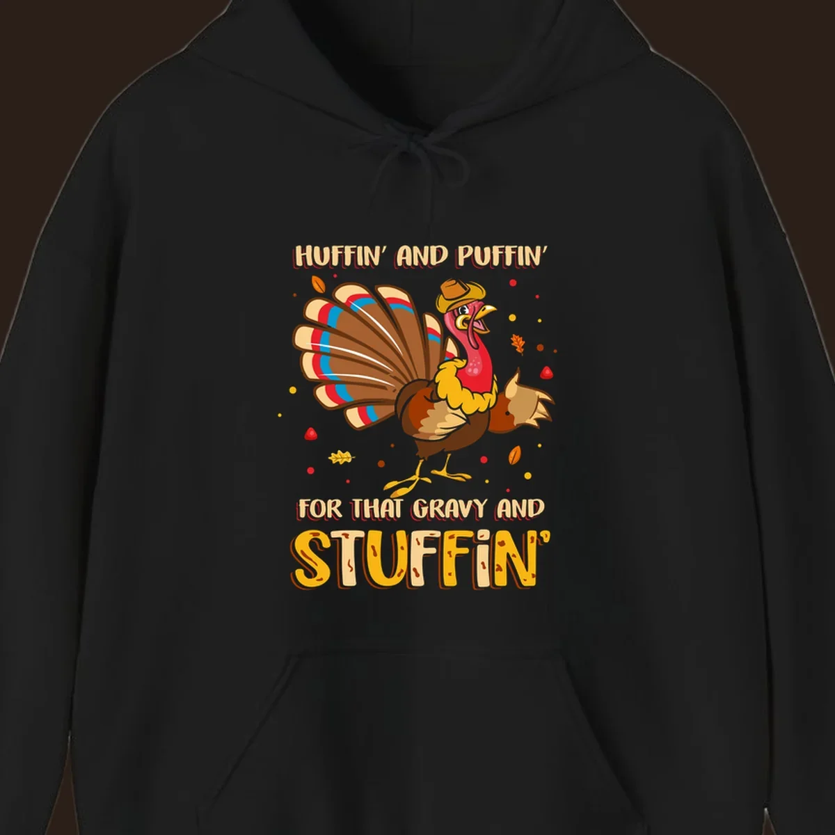 Cartoon turkey with fanned feathers and text 'Huffin And Puffin For Gravy Stuffin'