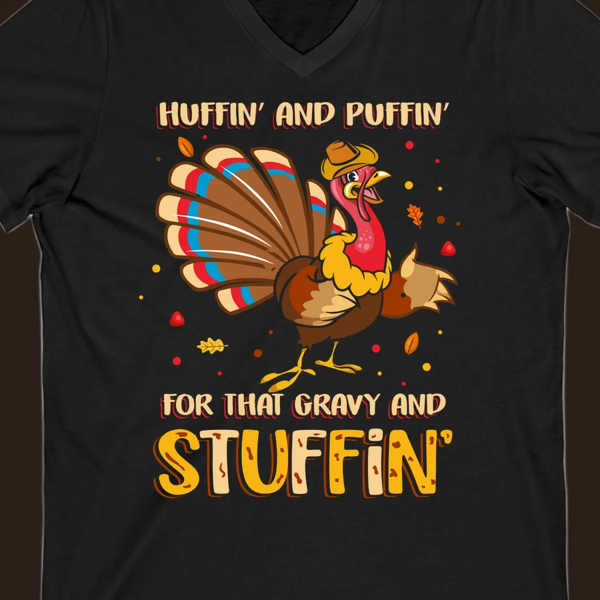 Cartoon turkey with fanned feathers and text 'Huffin And Puffin For Gravy Stuffin'