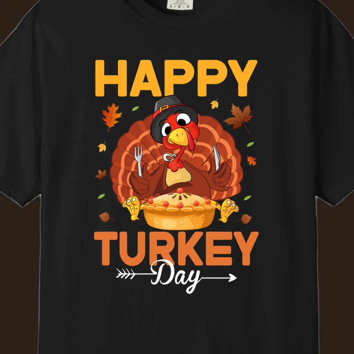 Happy Turkey Day cartoon illustration with a turkey, pie, and text. 