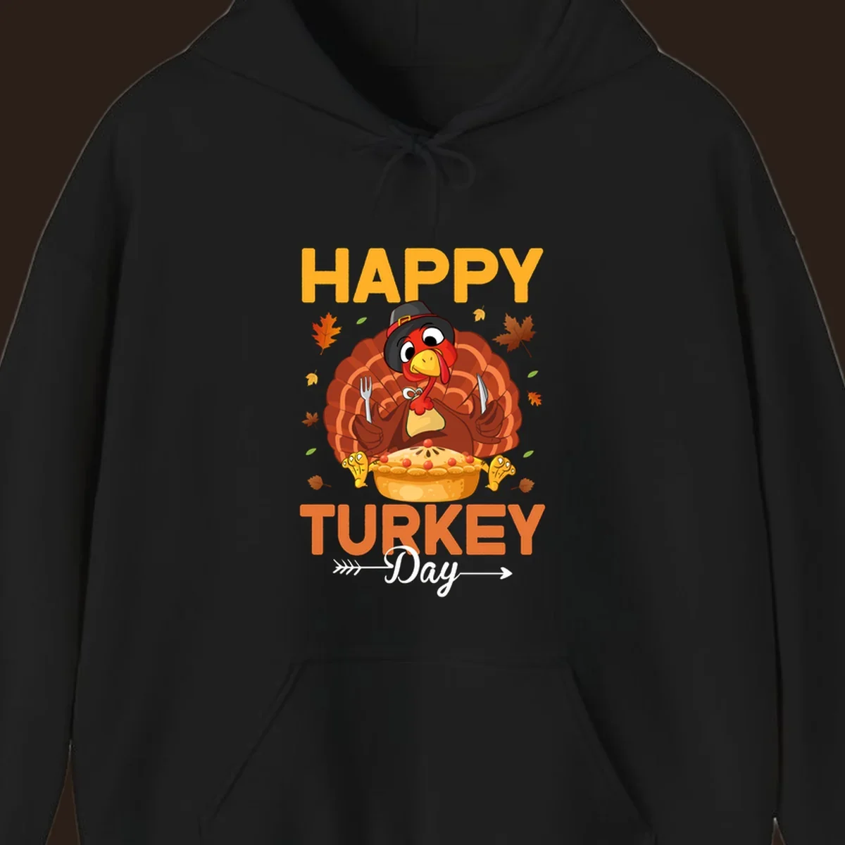 Happy Turkey Day cartoon illustration with a turkey, pie, and text. 
