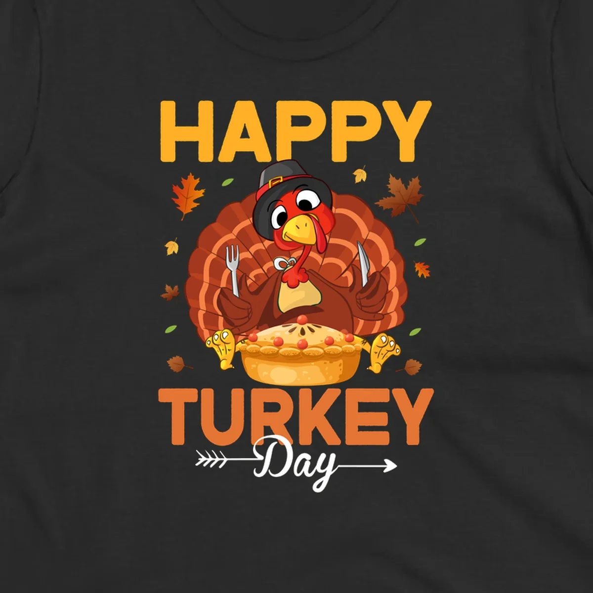 Happy Turkey Day cartoon illustration with a turkey, pie, and text. 