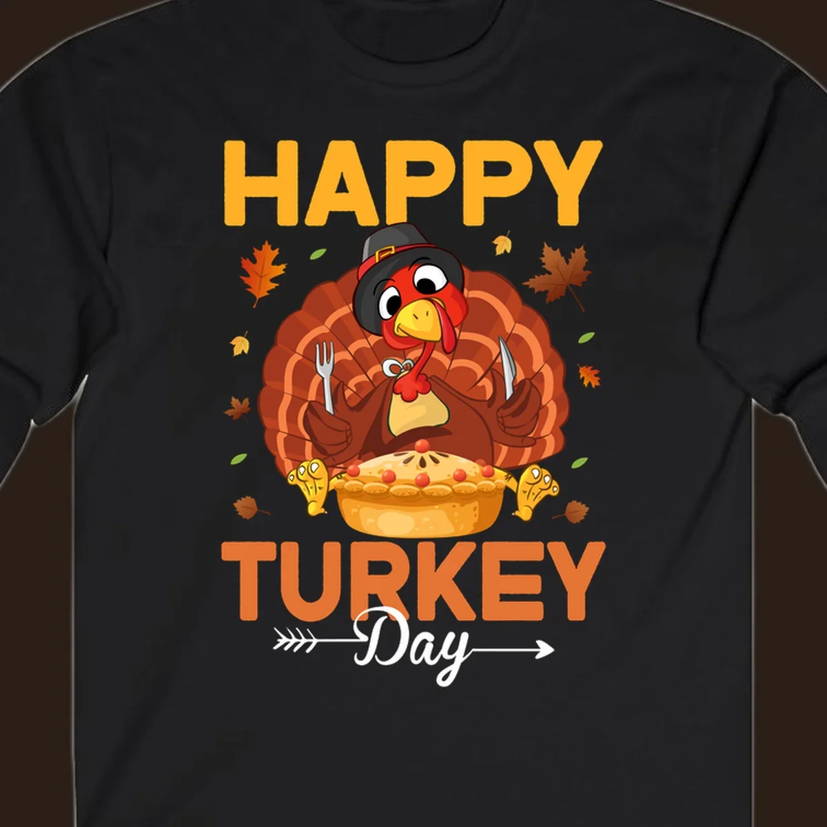 Happy Turkey Day cartoon illustration with a turkey, pie, and text. 