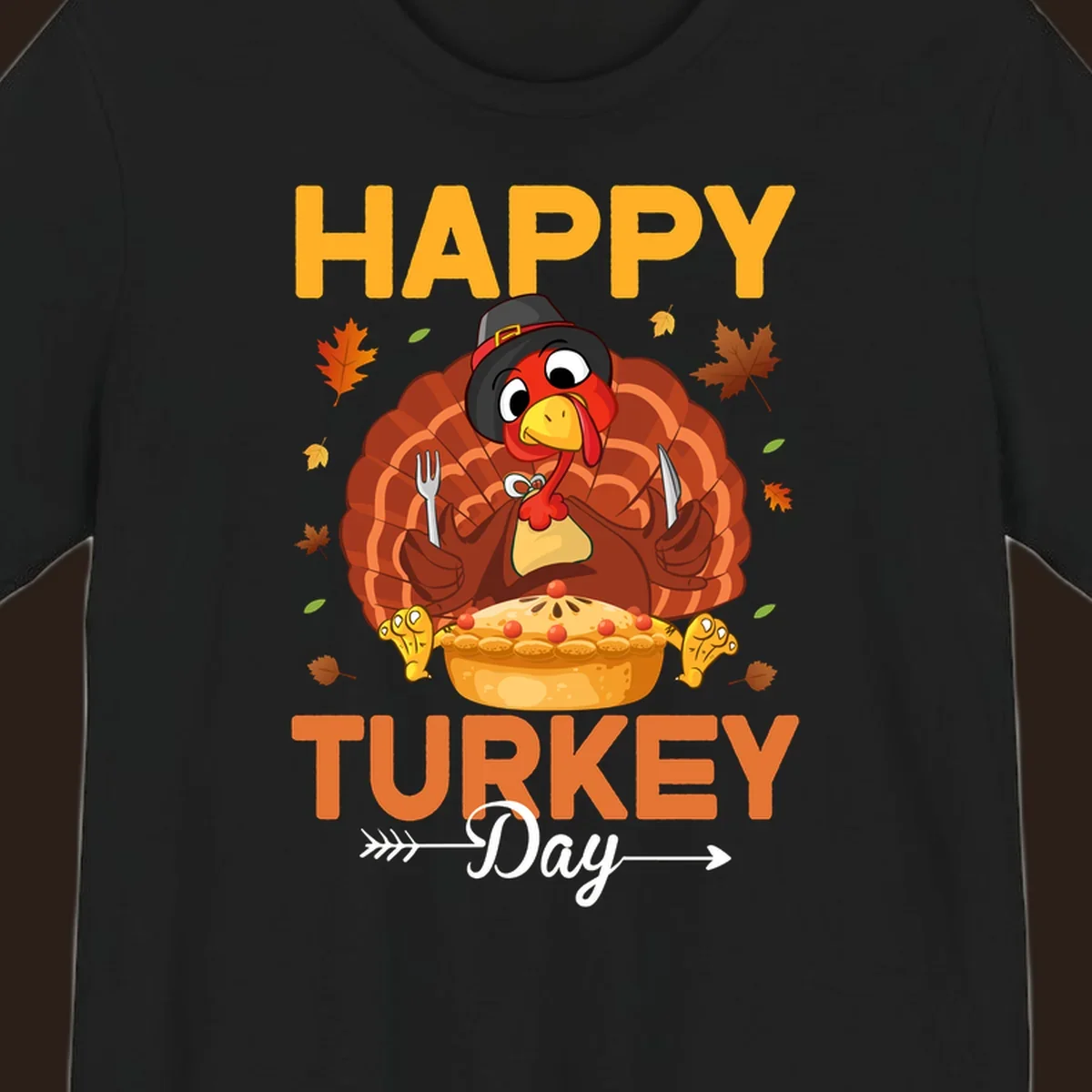Happy Turkey Day cartoon illustration with a turkey, pie, and text. 