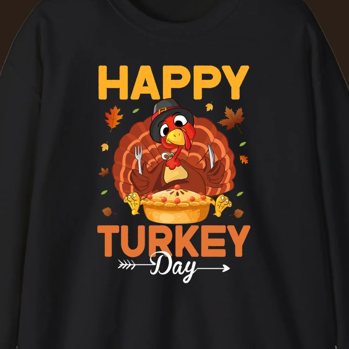 Happy Turkey Day cartoon illustration with a turkey, pie, and text. 