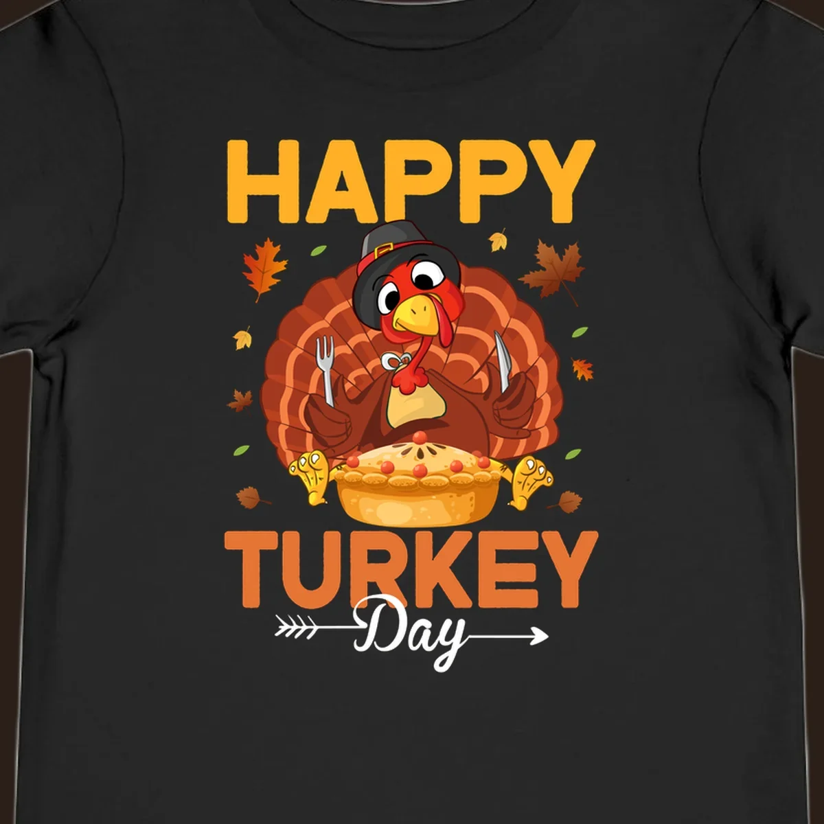 Happy Turkey Day cartoon illustration with a turkey, pie, and text. 