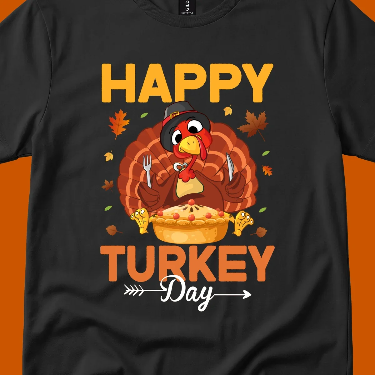 Happy Turkey Day cartoon illustration with a turkey, pie, and text. 