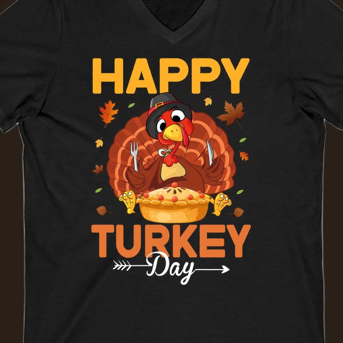 Happy Turkey Day cartoon illustration with a turkey, pie, and text. 