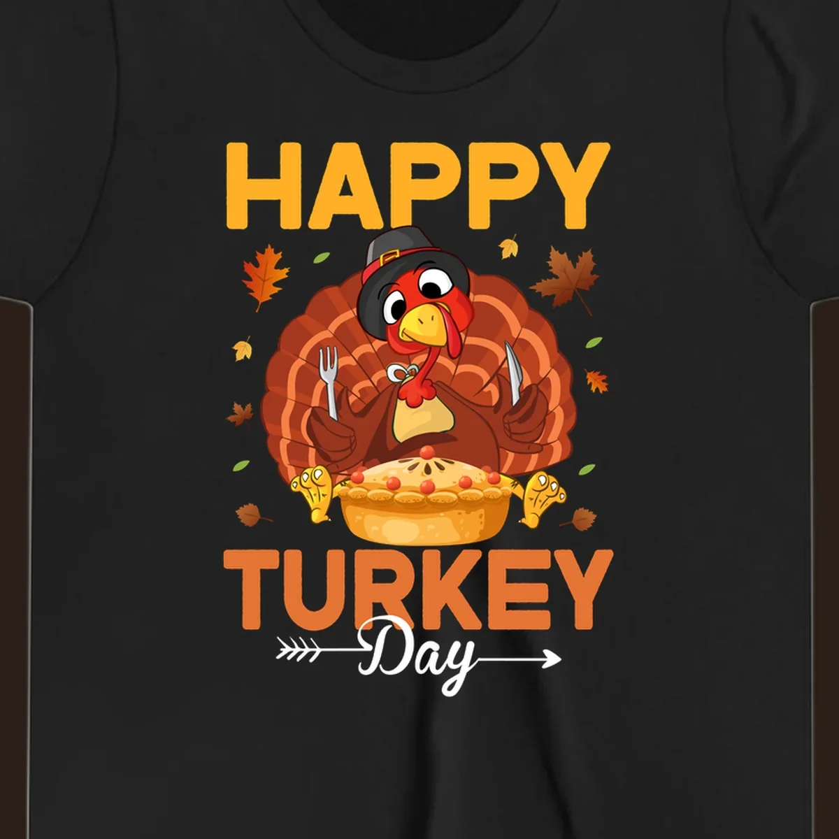 Happy Turkey Day cartoon illustration with a turkey, pie, and text. 