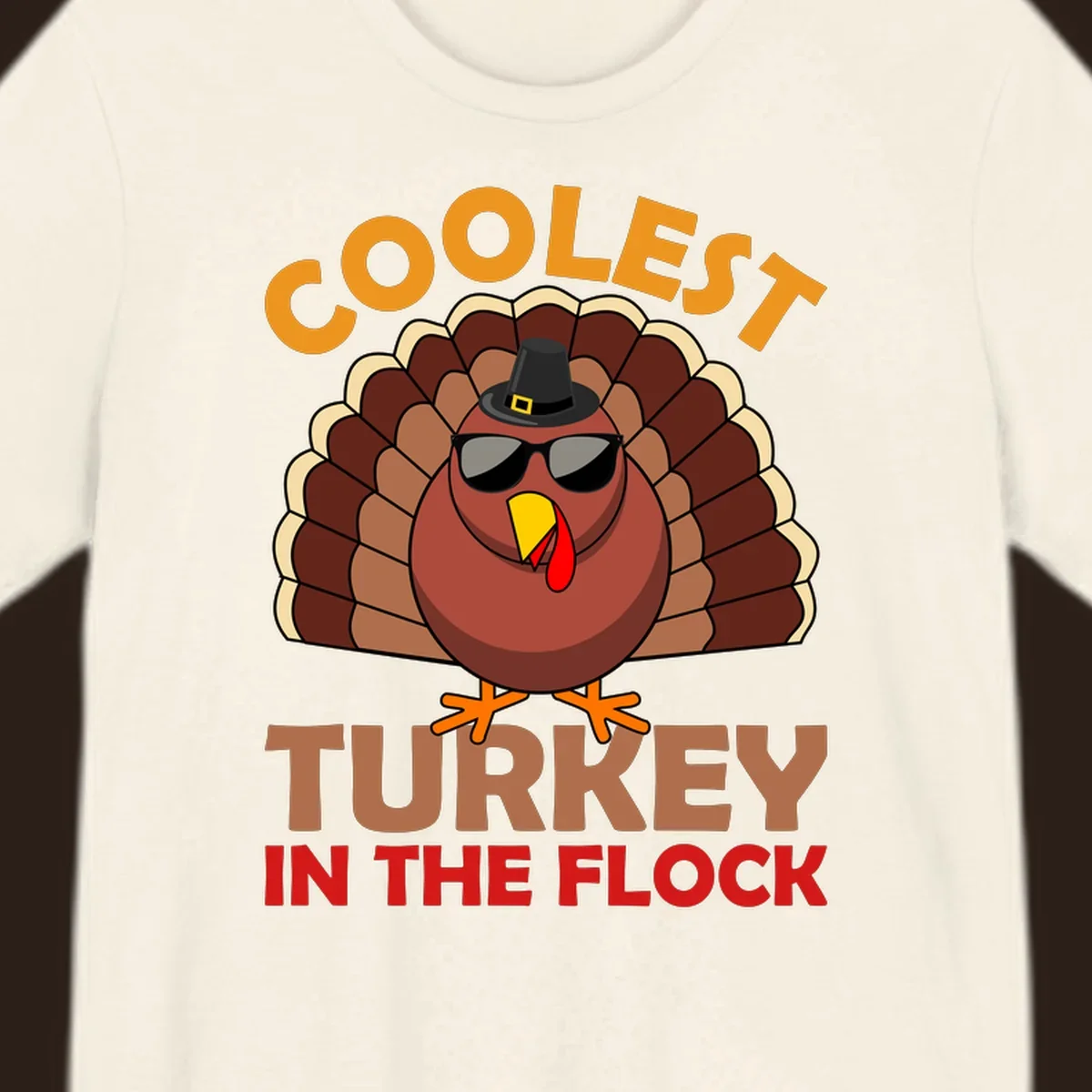 Coolest turkey in the flock Thanksgiving illustration with a turkey wearing sunglasses and a hat.