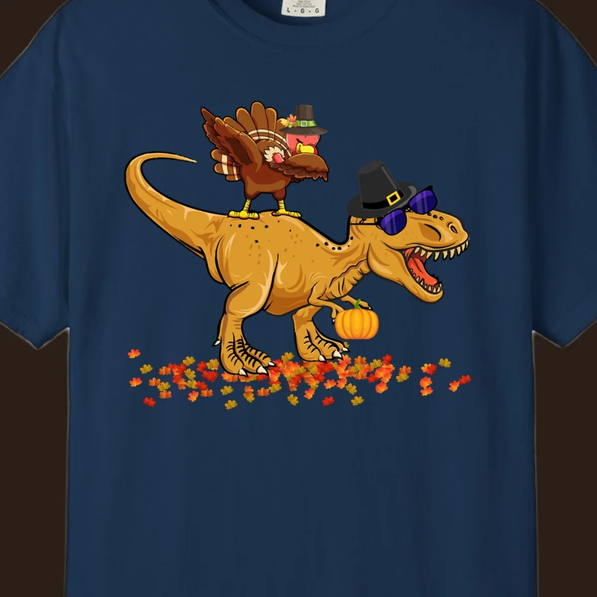 Dinosaur turkey thanksgiving ride illustration with sunglasses and pumpkin.