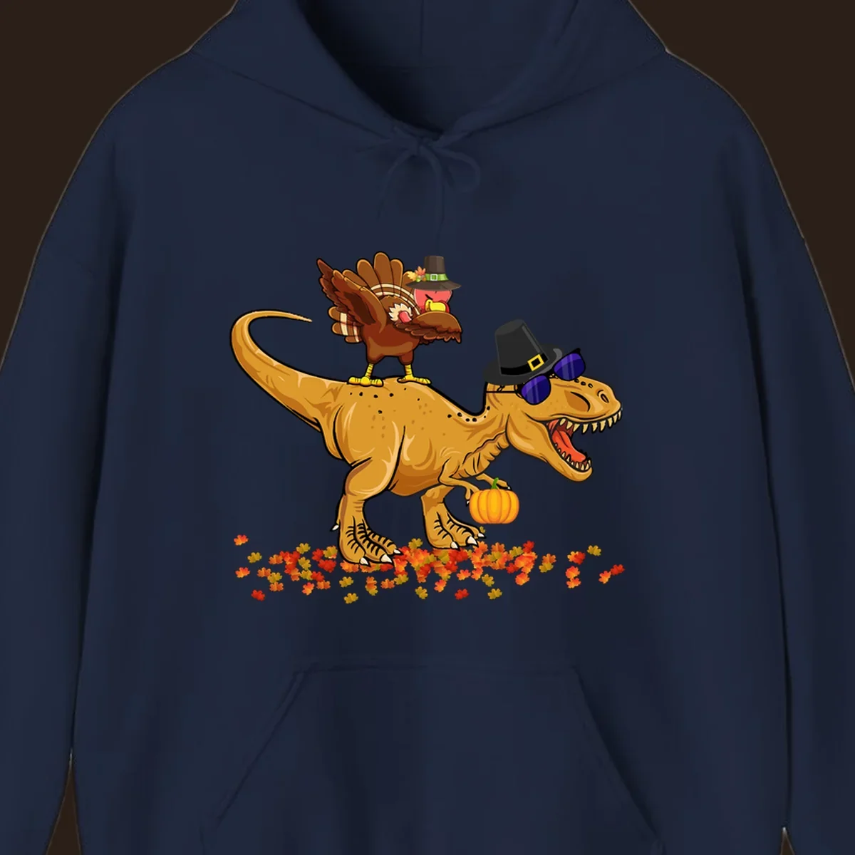 Dinosaur turkey thanksgiving ride illustration with sunglasses and pumpkin.