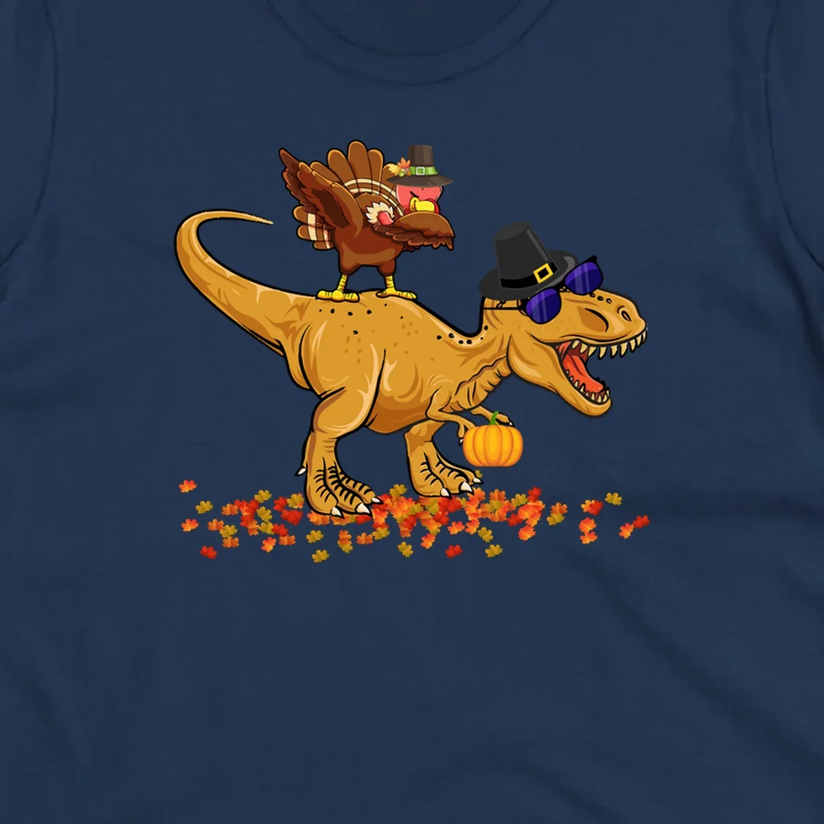 Dinosaur turkey thanksgiving ride illustration with sunglasses and pumpkin.