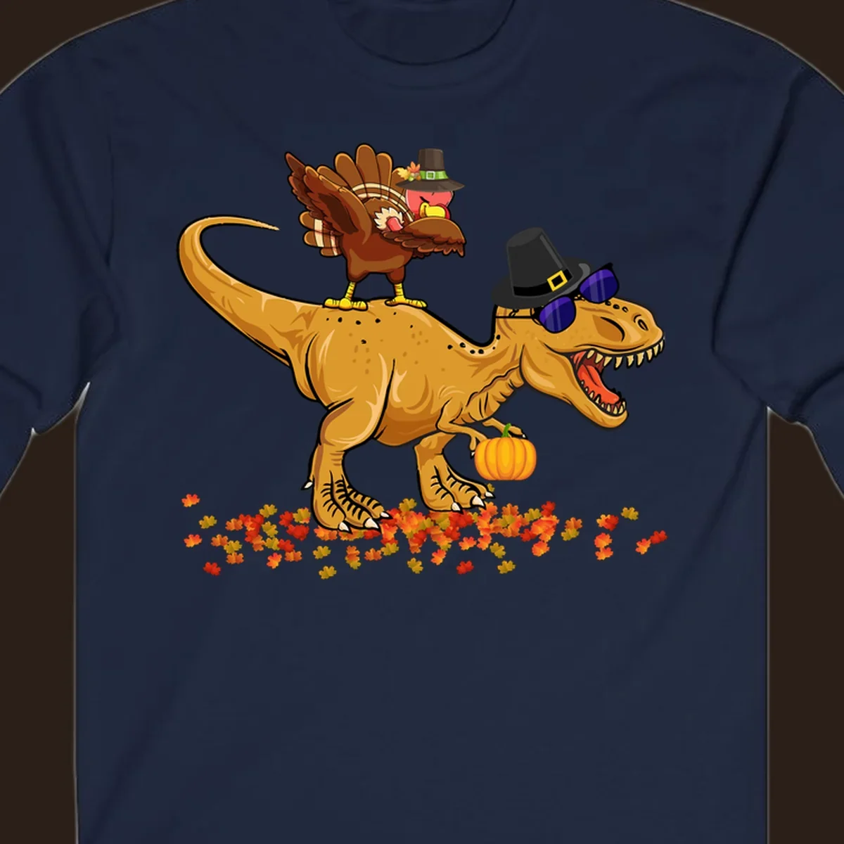 Dinosaur turkey thanksgiving ride illustration with sunglasses and pumpkin.