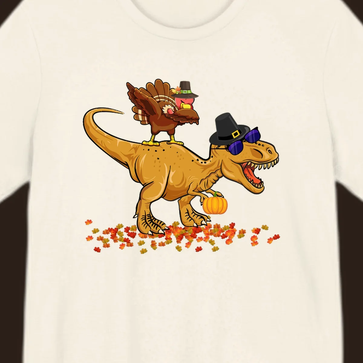 Dinosaur turkey thanksgiving ride illustration with sunglasses and pumpkin.