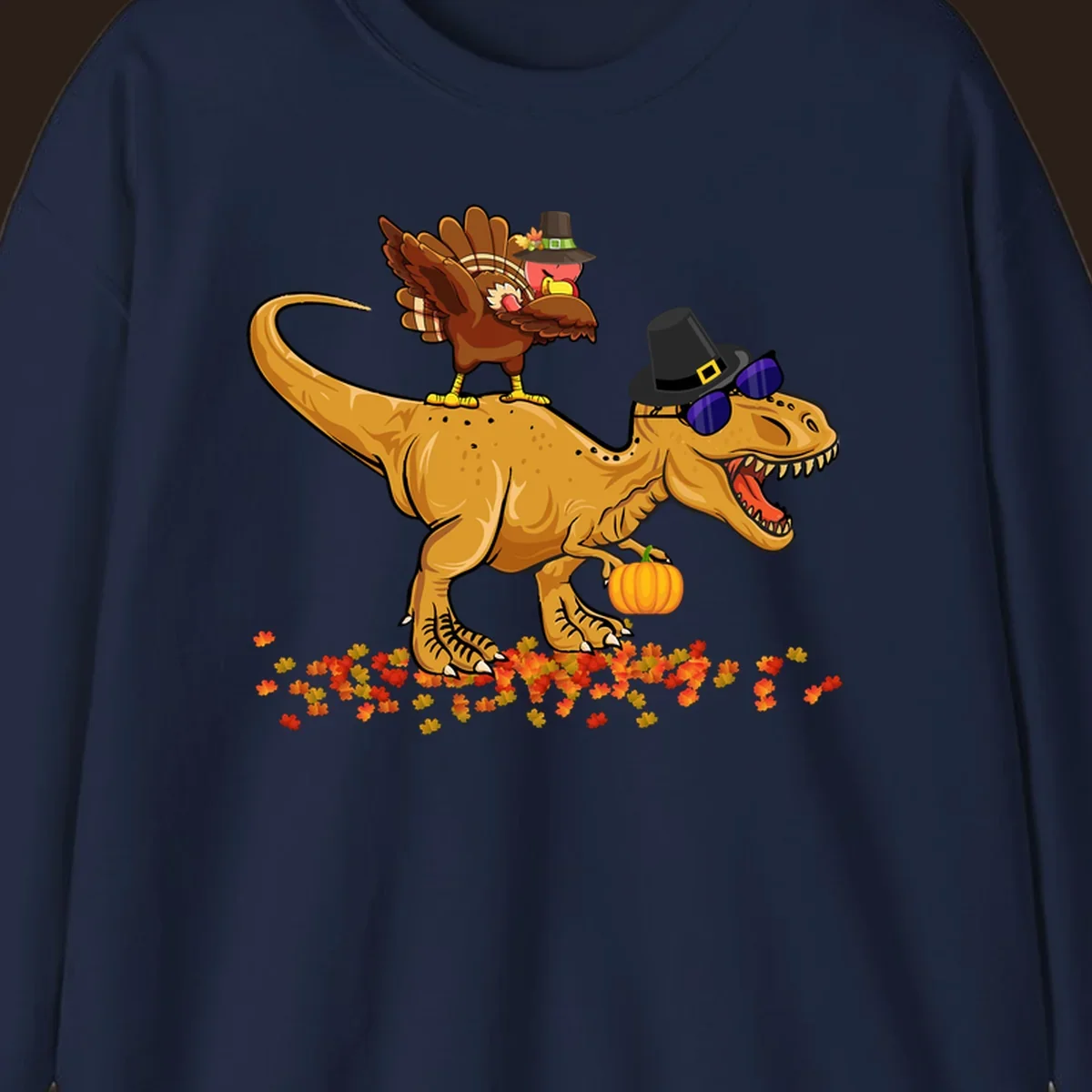 Dinosaur turkey thanksgiving ride illustration with sunglasses and pumpkin.