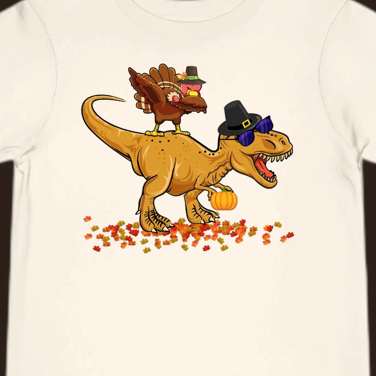 Dinosaur turkey thanksgiving ride illustration with sunglasses and pumpkin.