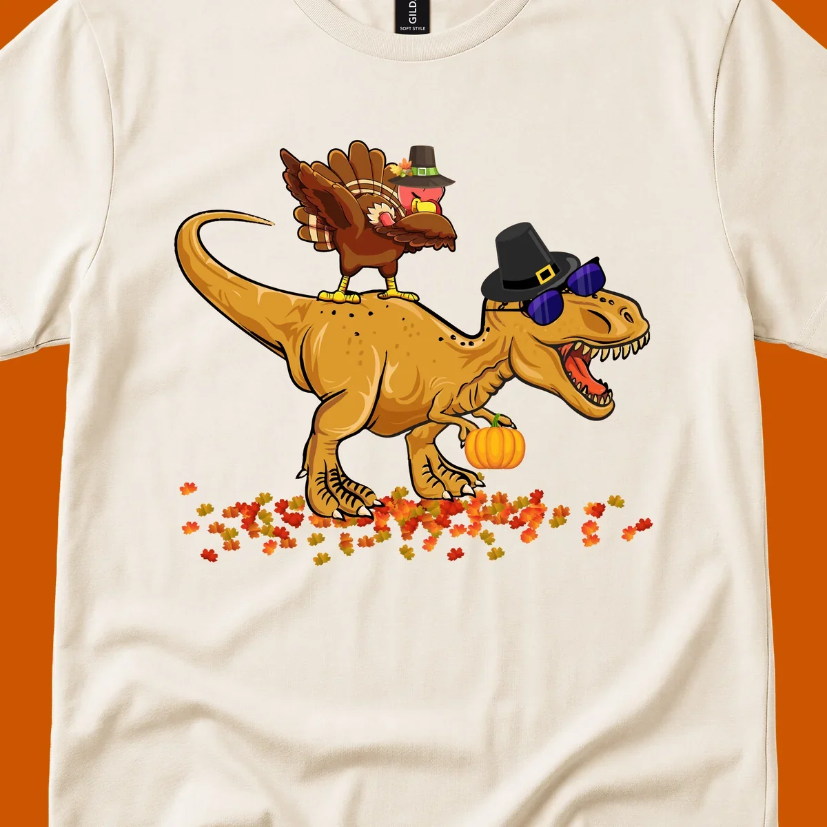 Dinosaur turkey thanksgiving ride illustration with sunglasses and pumpkin.