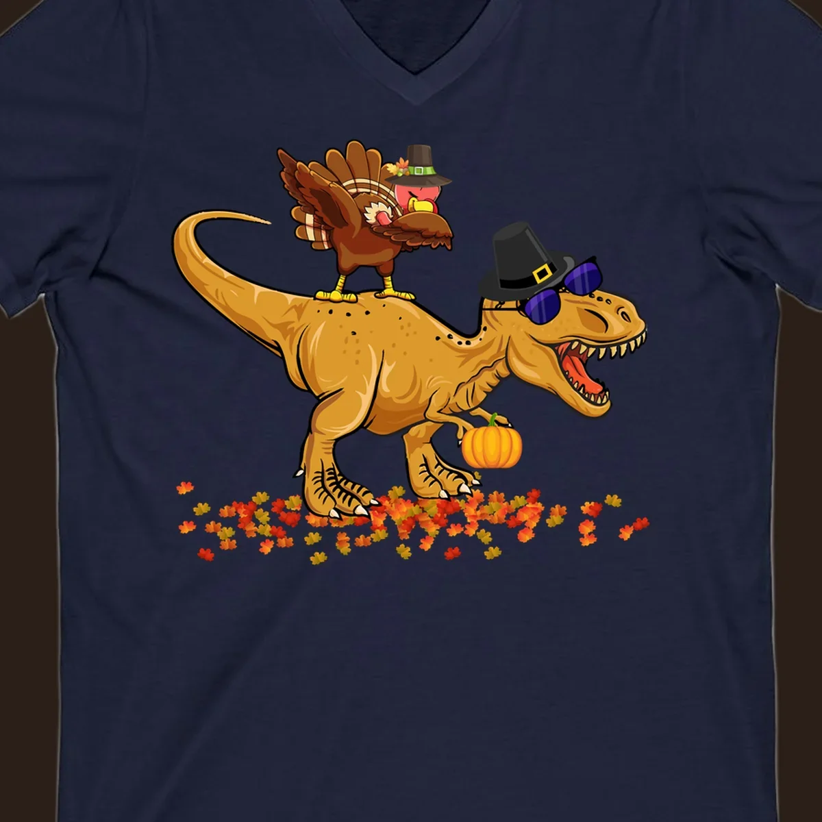 Dinosaur turkey thanksgiving ride illustration with sunglasses and pumpkin.