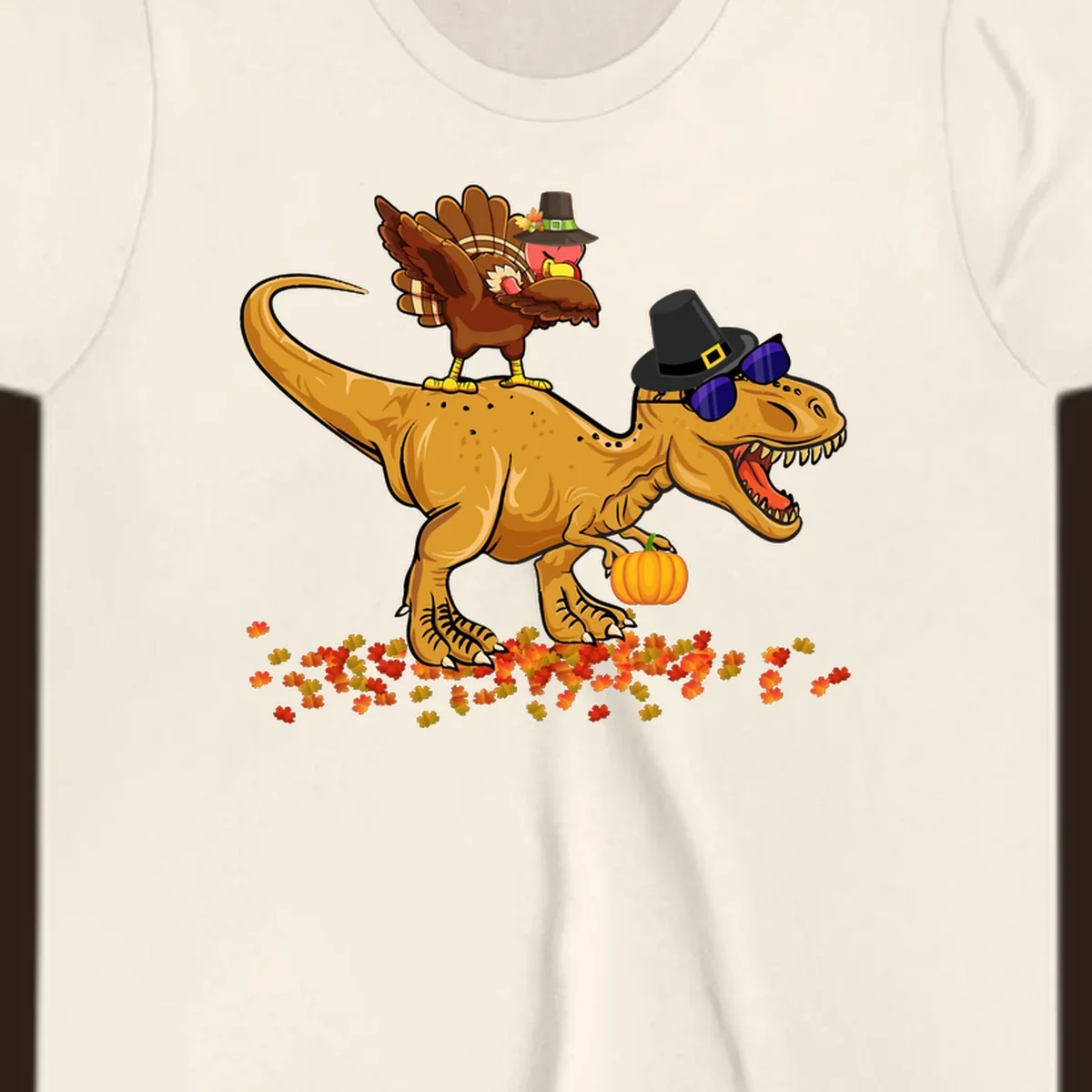 Dinosaur turkey thanksgiving ride illustration with sunglasses and pumpkin.