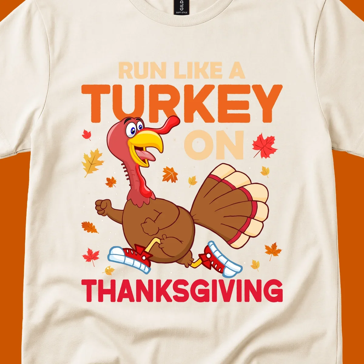 Cartoon turkey running with text Run Like A Turkey On Thanksgiving, autumn leaves and snowflakes.