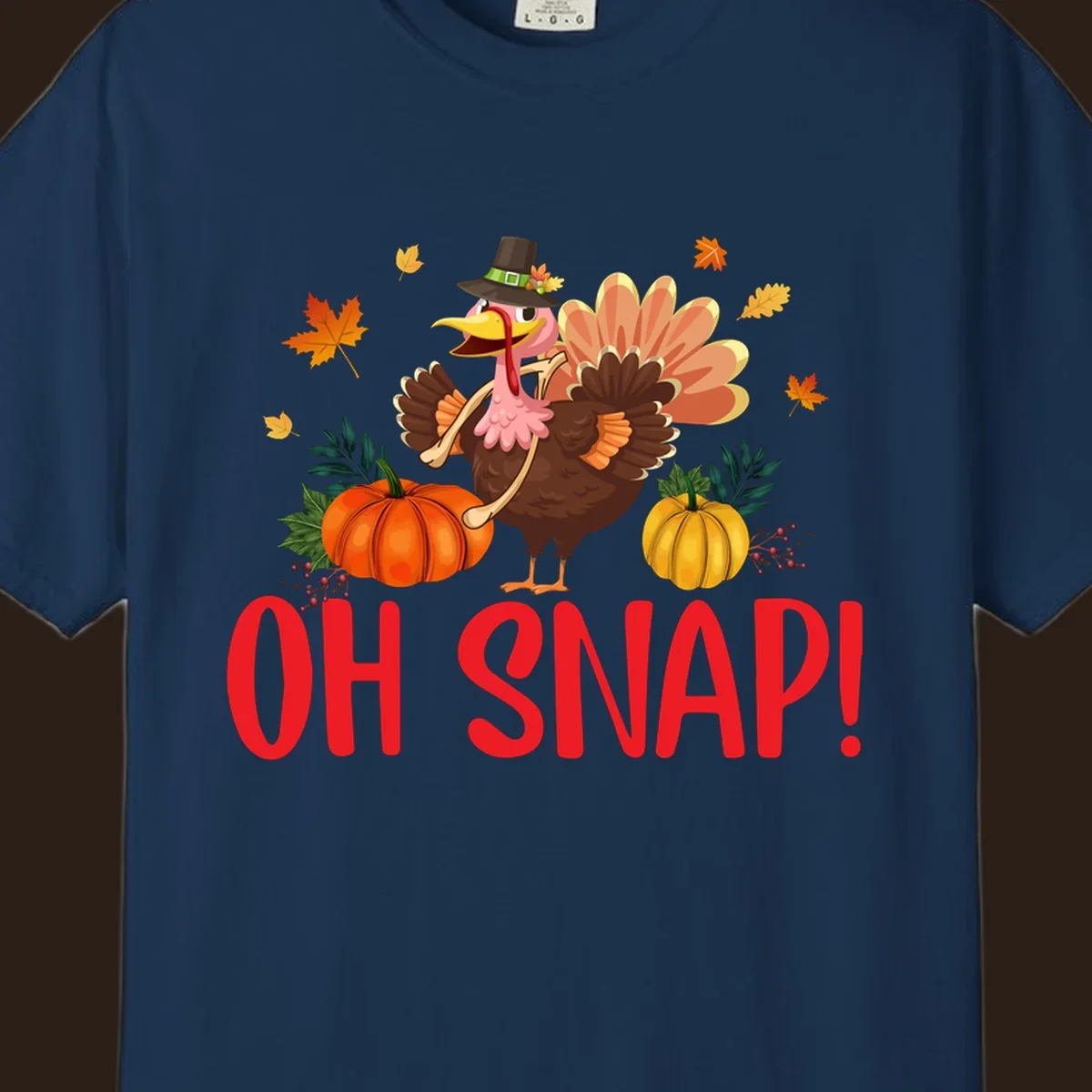 Funny Thanksgiving turkey illustration with text 'OH SNAP!' and pumpkins.