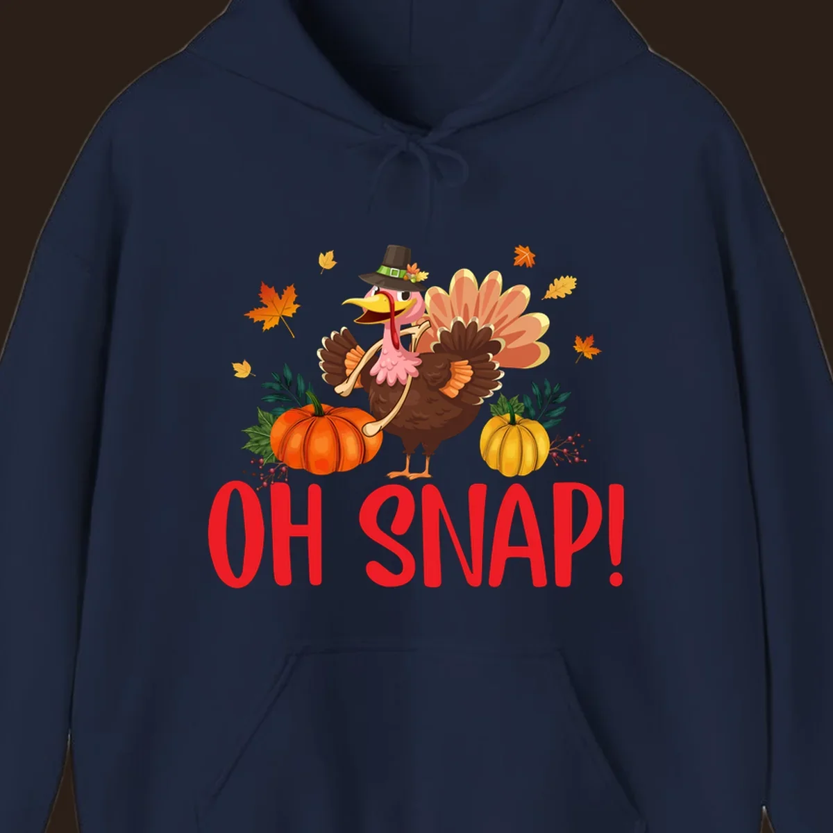 Funny Thanksgiving turkey illustration with text 'OH SNAP!' and pumpkins.