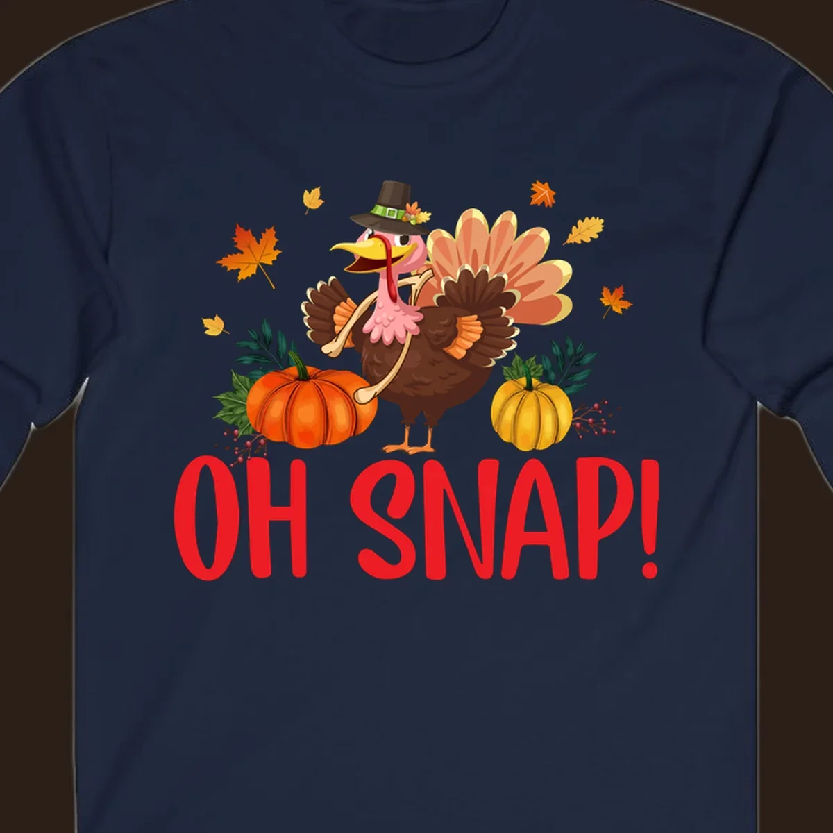 Funny Thanksgiving turkey illustration with text 'OH SNAP!' and pumpkins.