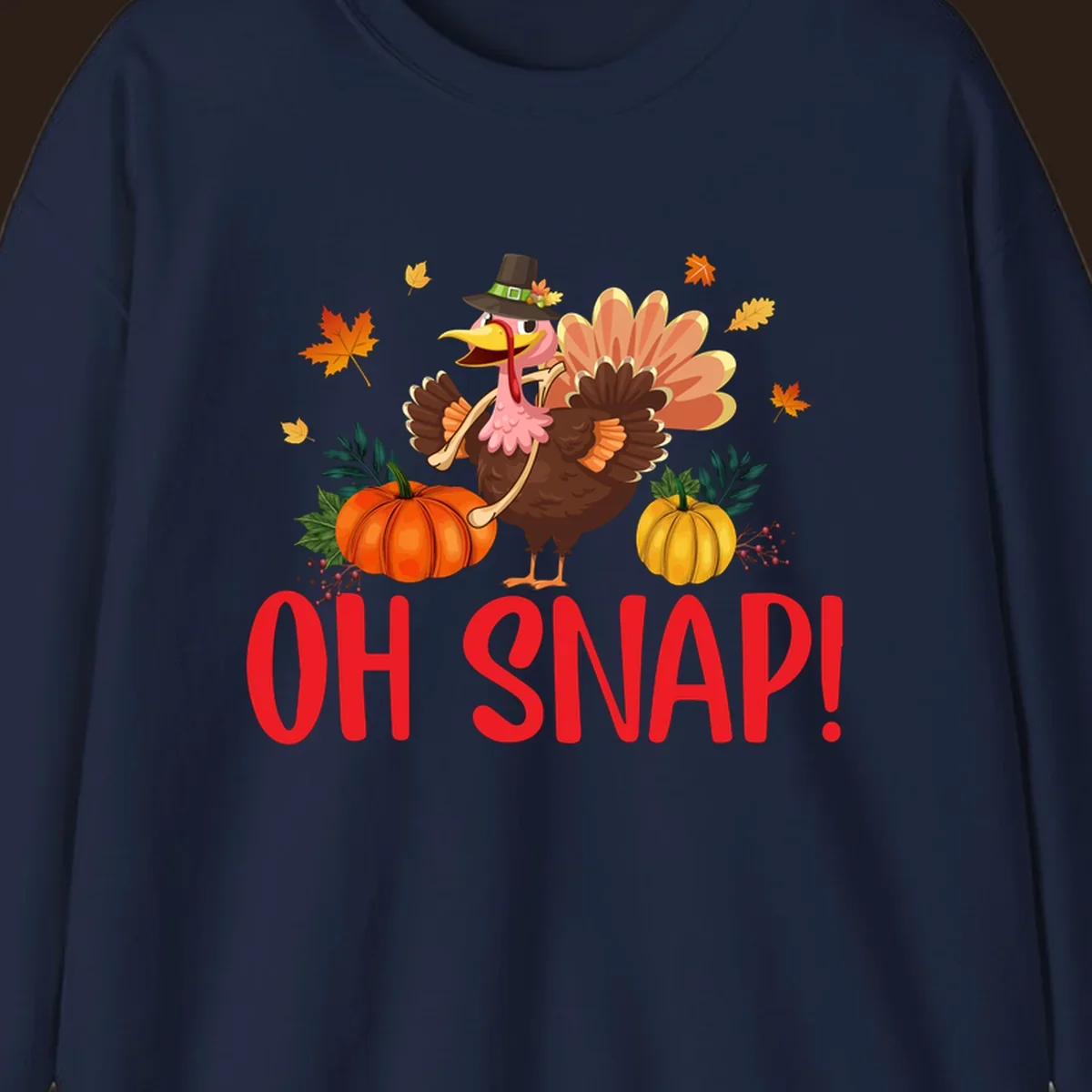 Funny Thanksgiving turkey illustration with text 'OH SNAP!' and pumpkins.