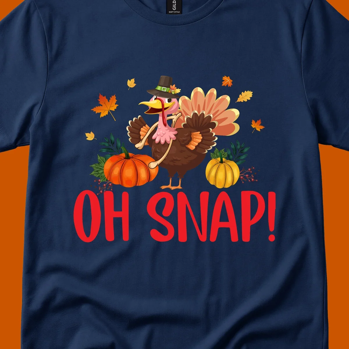 Funny Thanksgiving turkey illustration with text 'OH SNAP!' and pumpkins.