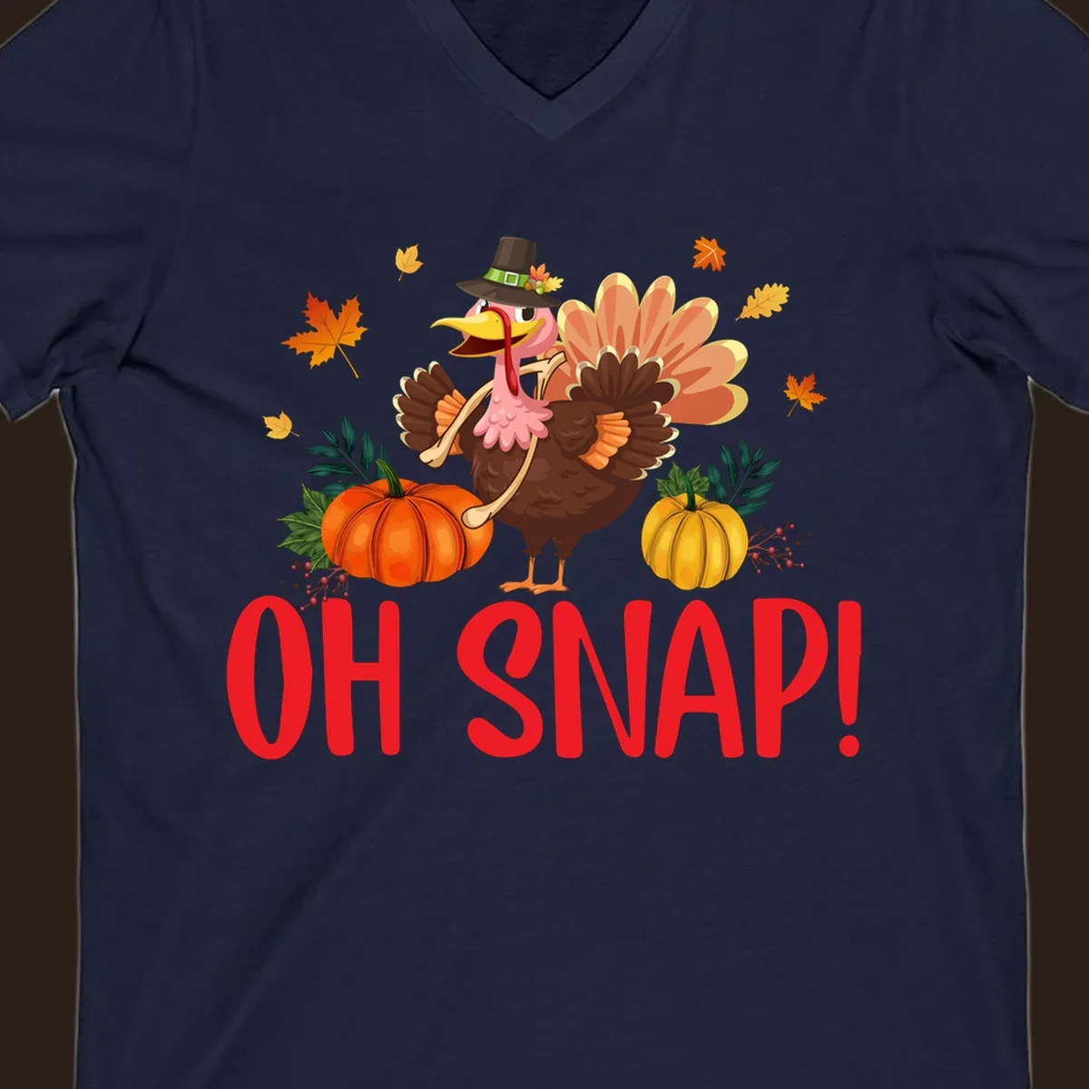 Funny Thanksgiving turkey illustration with text 'OH SNAP!' and pumpkins.