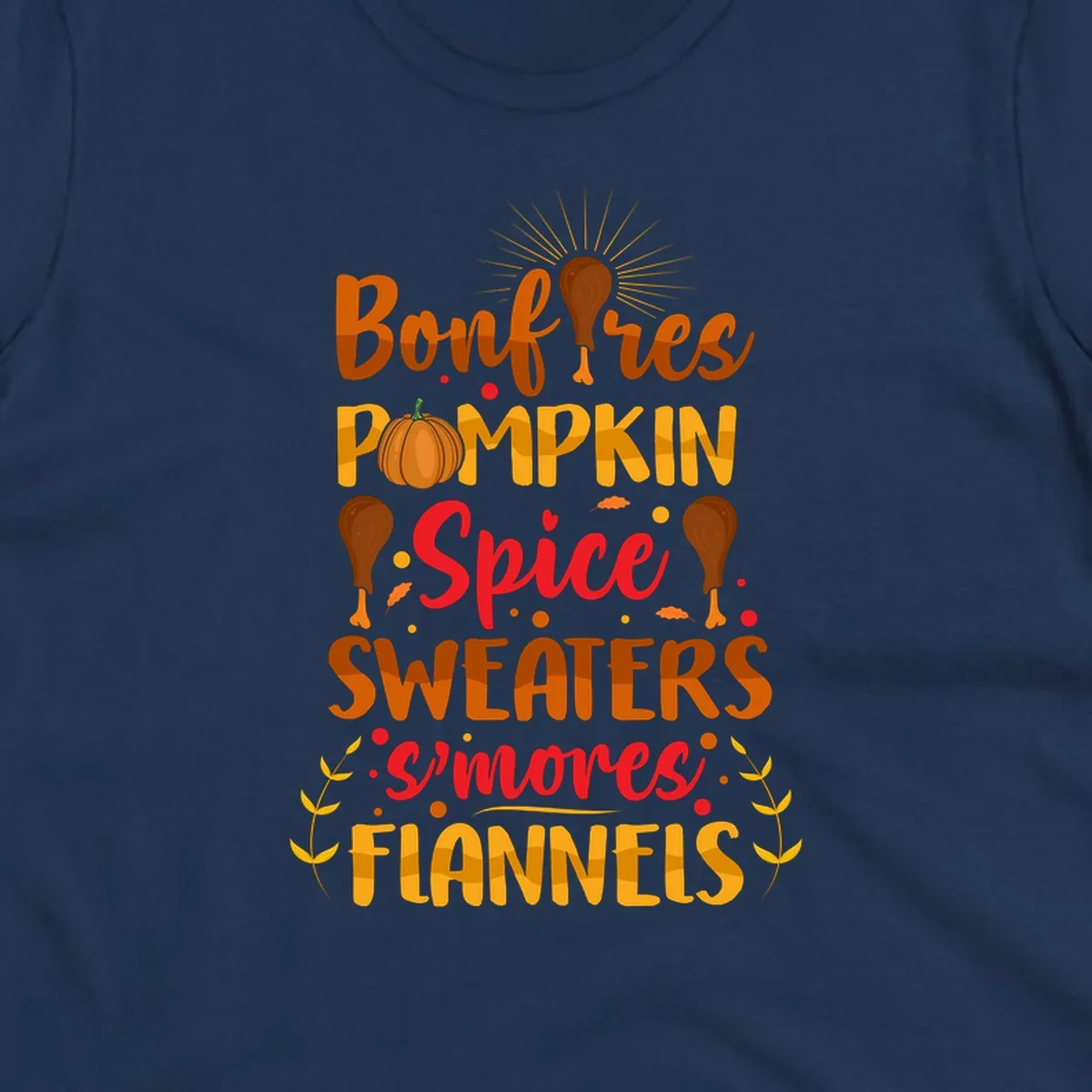 Fall cozy list bonfires pumpkin spice sweaters s'mores flannels text design with illustrations.