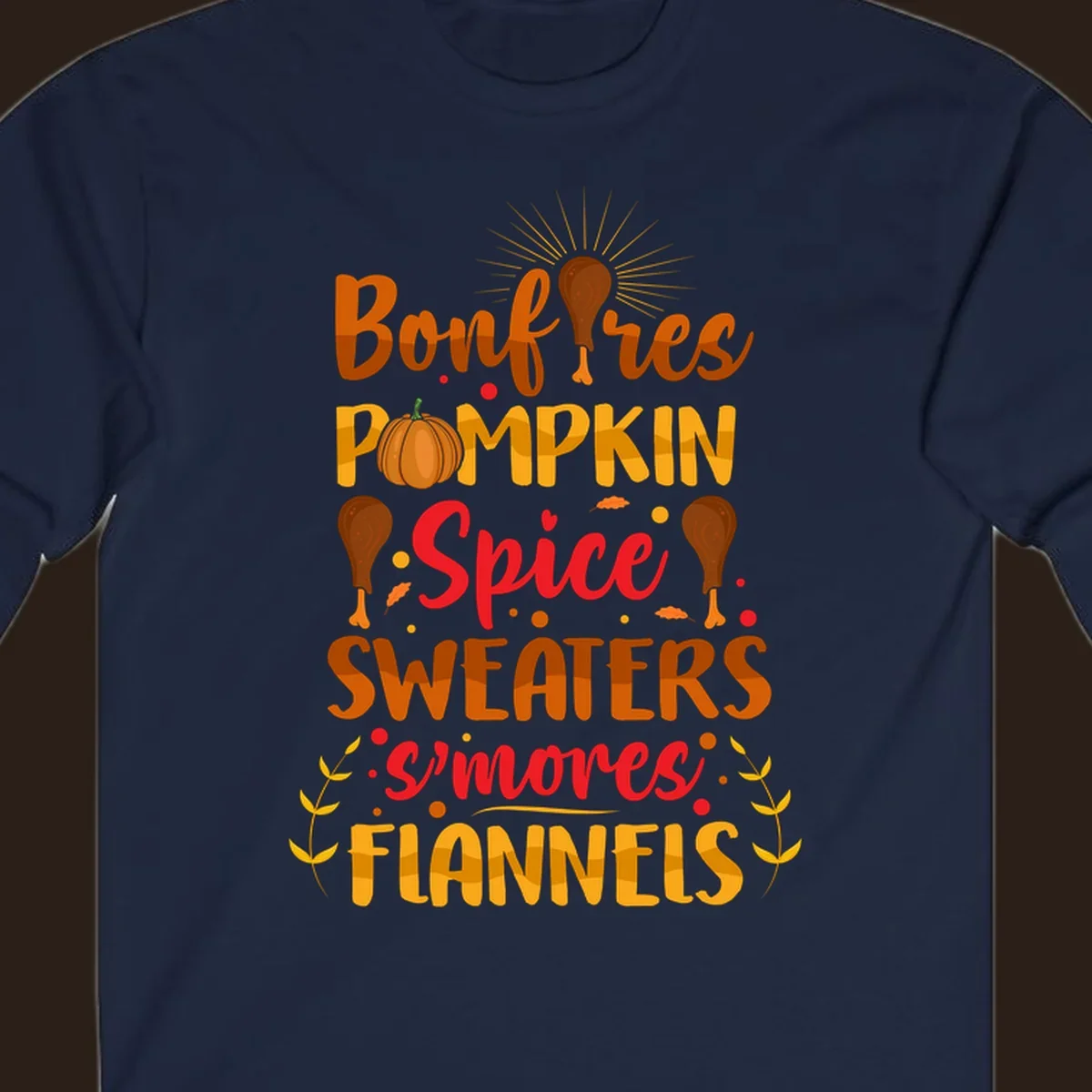 Fall cozy list bonfires pumpkin spice sweaters s'mores flannels text design with illustrations.