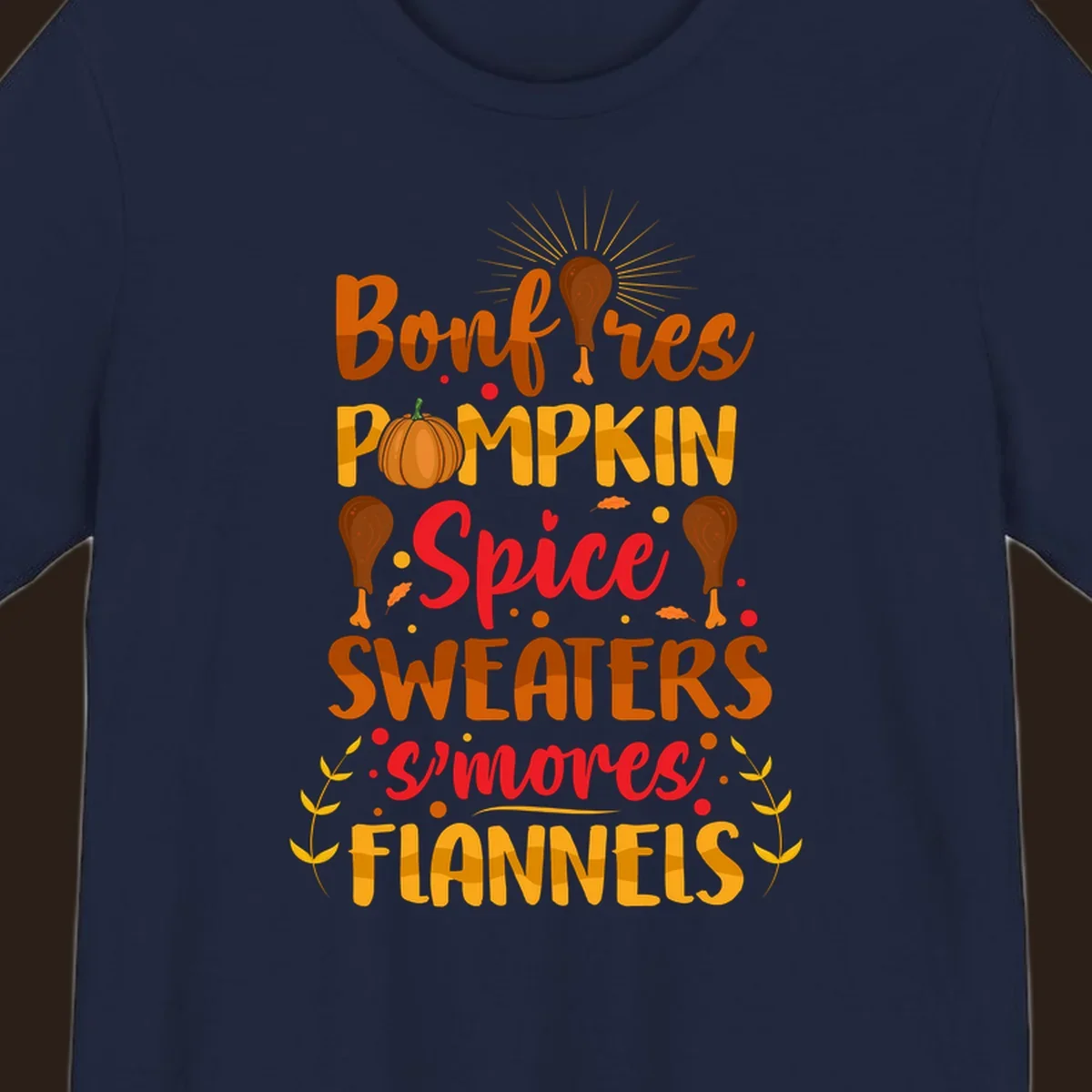 Fall cozy list bonfires pumpkin spice sweaters s'mores flannels text design with illustrations.