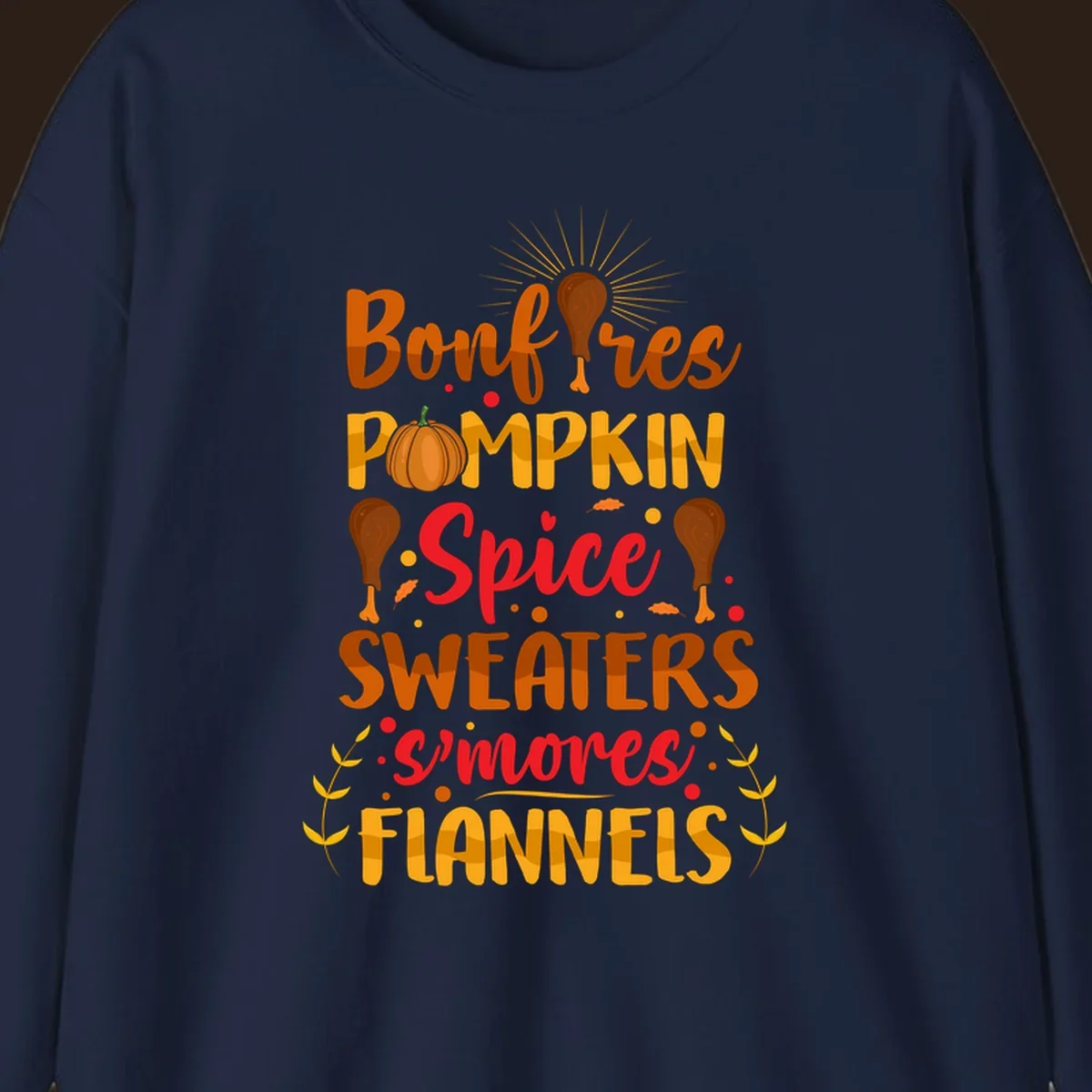 Fall cozy list bonfires pumpkin spice sweaters s'mores flannels text design with illustrations.