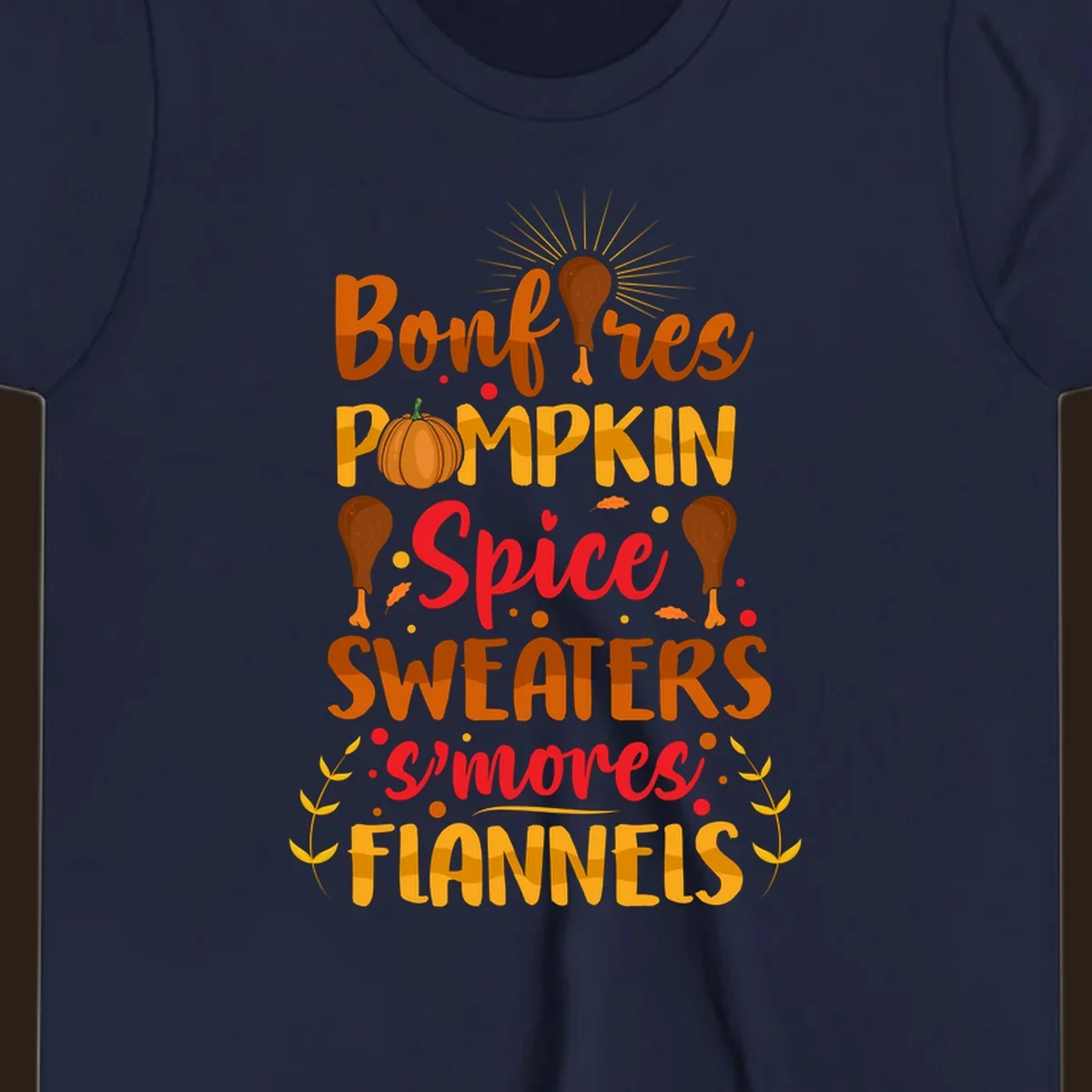 Fall cozy list bonfires pumpkin spice sweaters s'mores flannels text design with illustrations.
