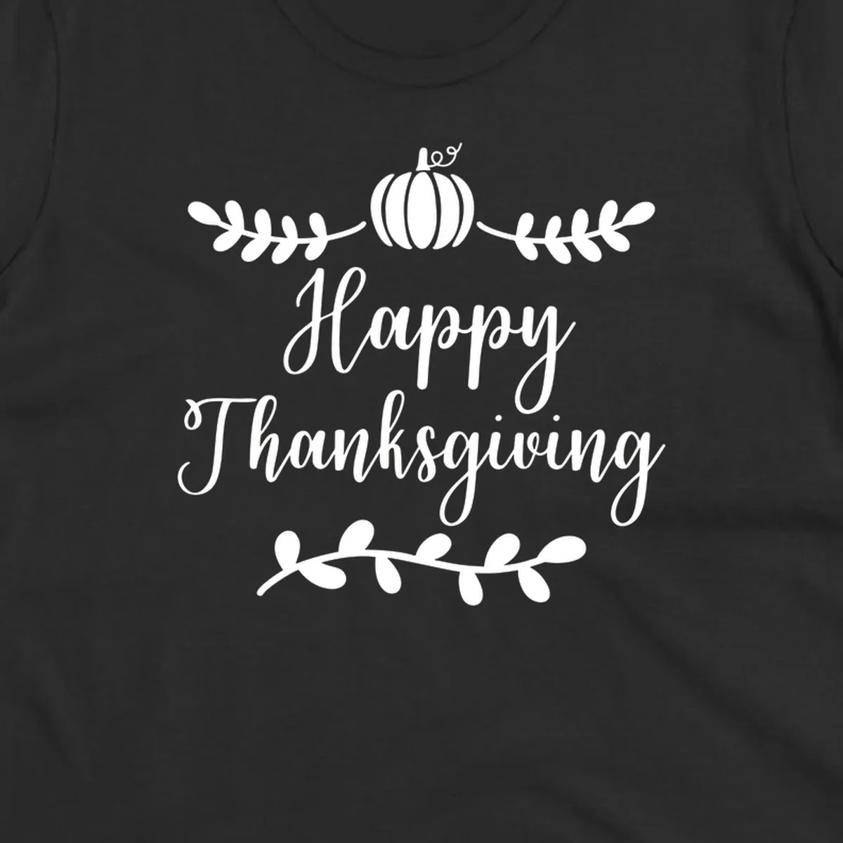 Happy Thanksgiving script text with pumpkin and leaves graphic
