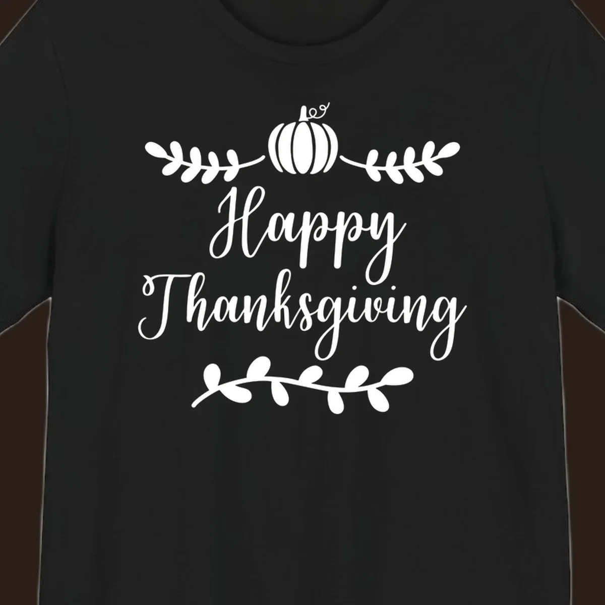 Happy Thanksgiving script text with pumpkin and leaves graphic