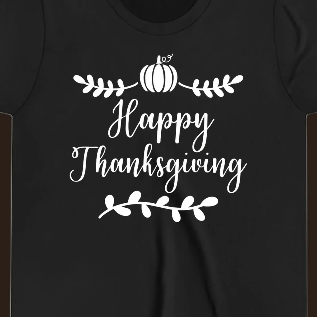 Happy Thanksgiving script text with pumpkin and leaves graphic