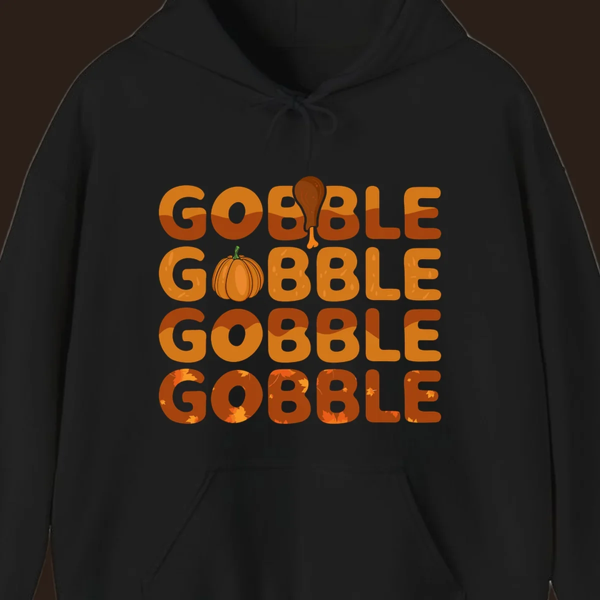 Gobble Gobble Thanksgiving text with pumpkin and turkey leg graphic